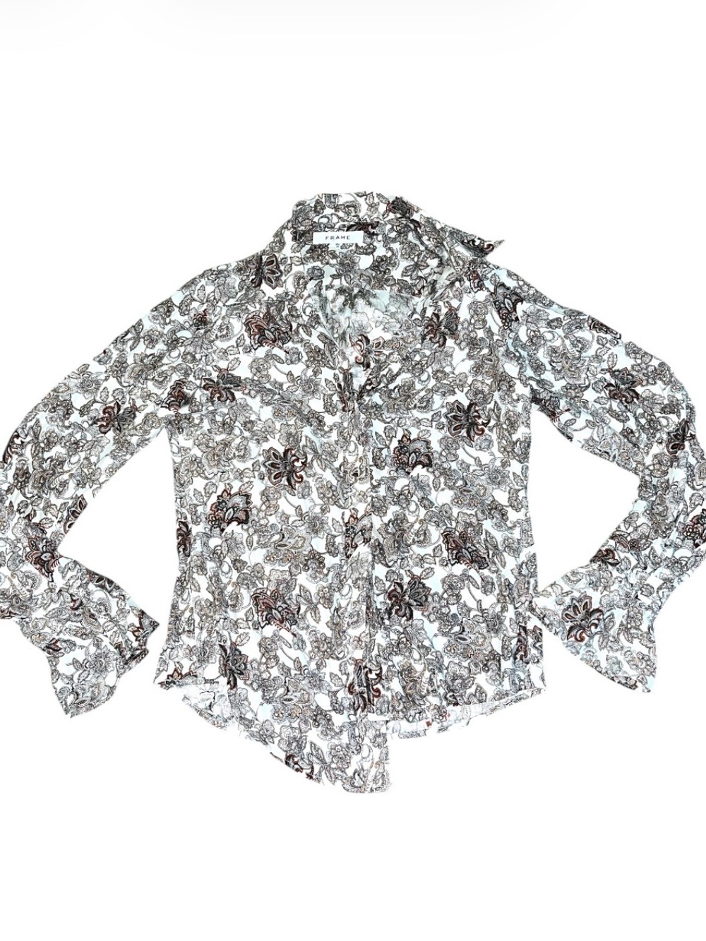 Frame White Floral Button-Down Blouse with Brown Accents